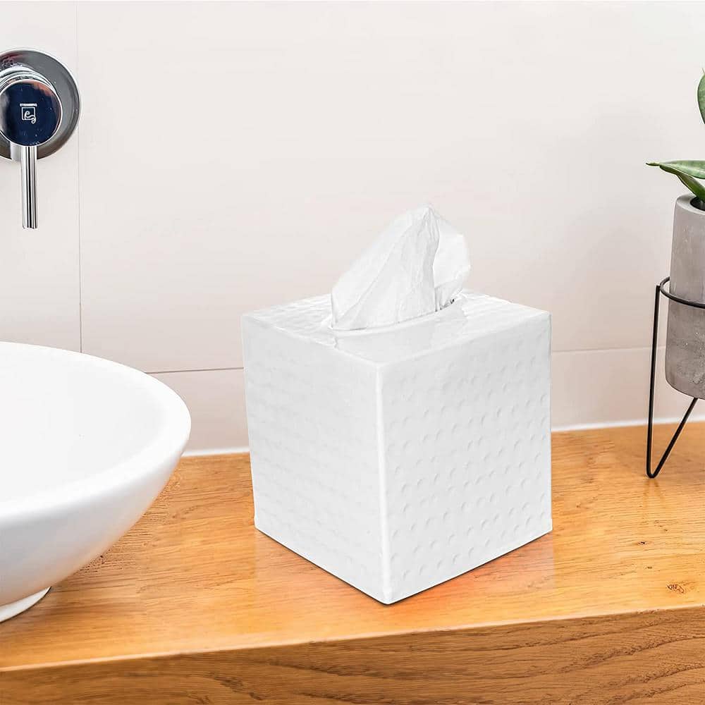 White Hand Hammered Metal Square Tissue Box Cover