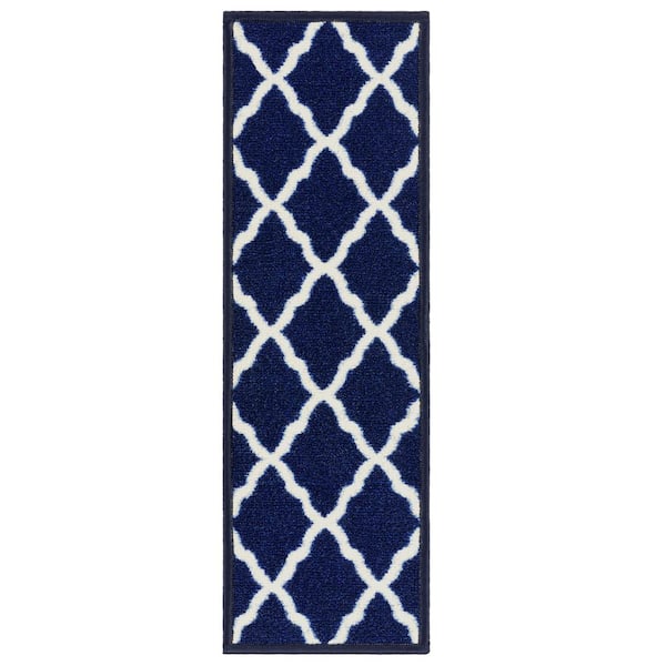 Ottomanson Glamour Collection Non-Slip Rubberback Moroccan Trellis 8.5 in. x 26 in. Indoor Stair Tread Covers Set of 14, Navy