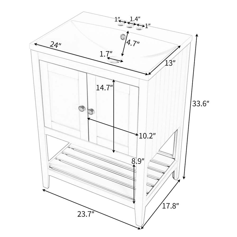 24" White Wood Freestanding Bathroom Vanity with Ceramic Sink