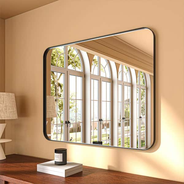 ORGANNICE 32 in. W x 40 in. H Rectangular Aluminum Framed Modern Black Rounded Wall Mirror