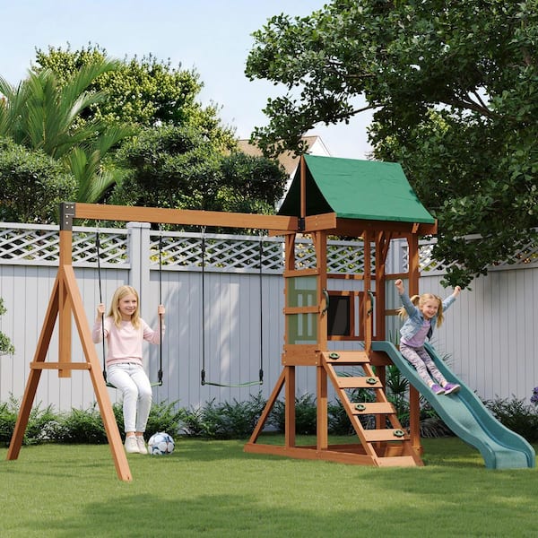BaPiPro Outdoor Wooden Swing Set with Vinyl Roof, Wave Slide, Rock