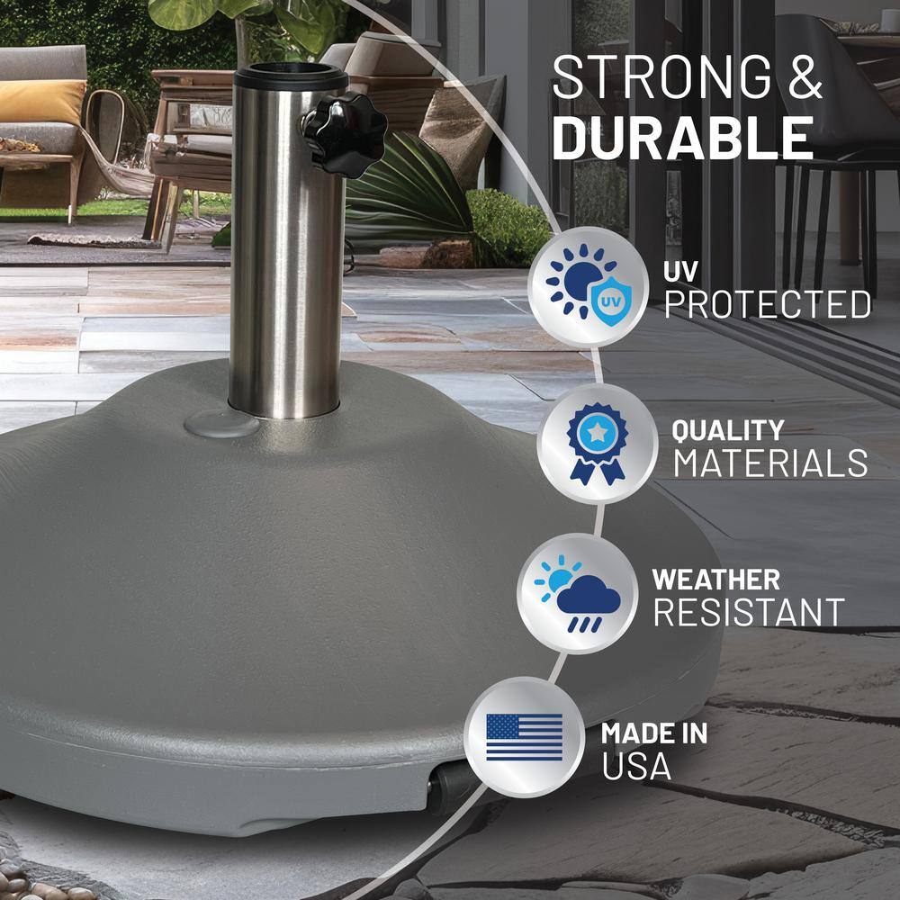 Gray Concrete Wheeled Patio Umbrella Base with Stainless Steel Stem