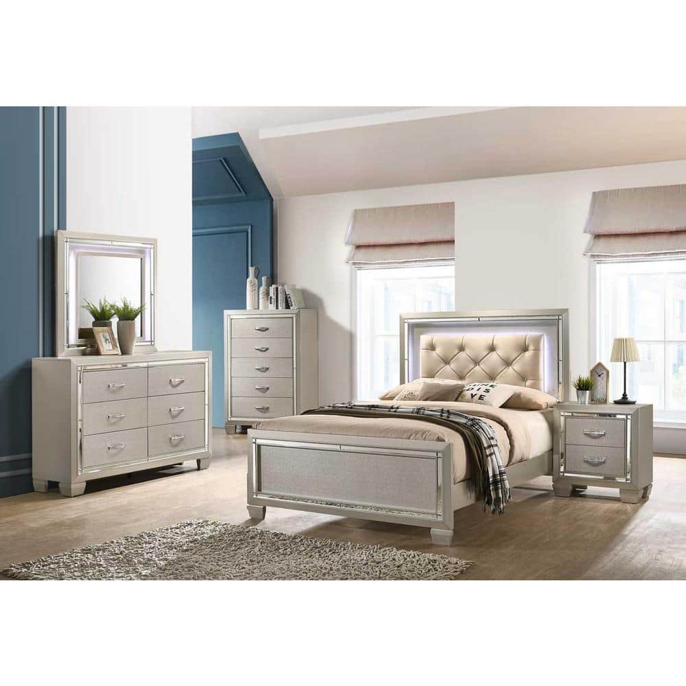 Champagne Beige Glam Dresser with Mirror and LED Light