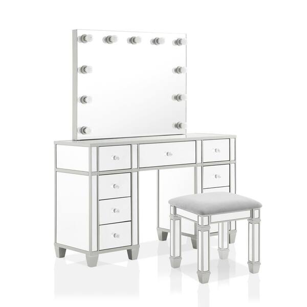 Furniture of America Modera 2-Piece Silver Vanity Set with Light Bulbs