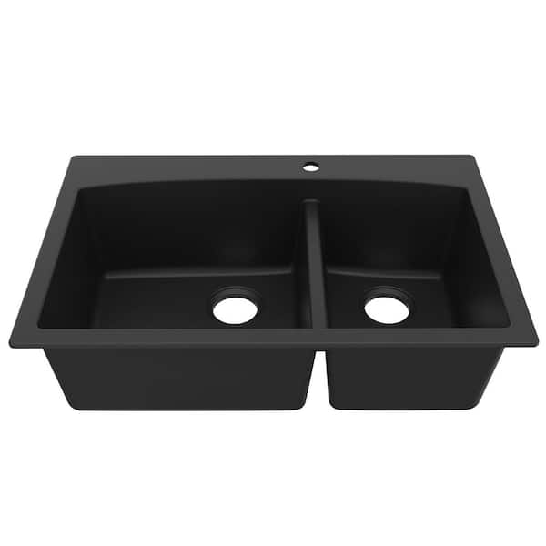 Drop-In Quartz/Granite Composite 33 in. 60/40 Double Bowl Kitchen Sink in Black