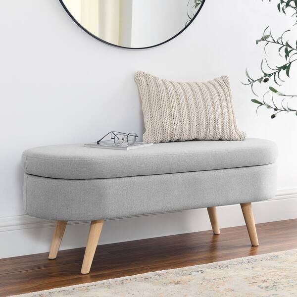 Magic Home 43.5 in. Linen Fabric Ottoman Oval Storage Bench with Rubber Wood Legs, Gray