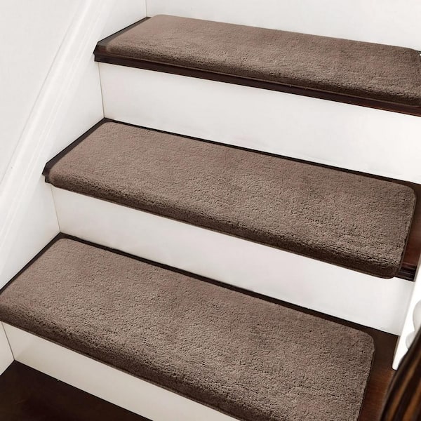 PURE ERA Soft Plush Brown 9.5 in. x 30 in. x 1.2 in. Bullnose Indoor Stair Tread Cover Tape Free Non-slip Carpet Set of 14