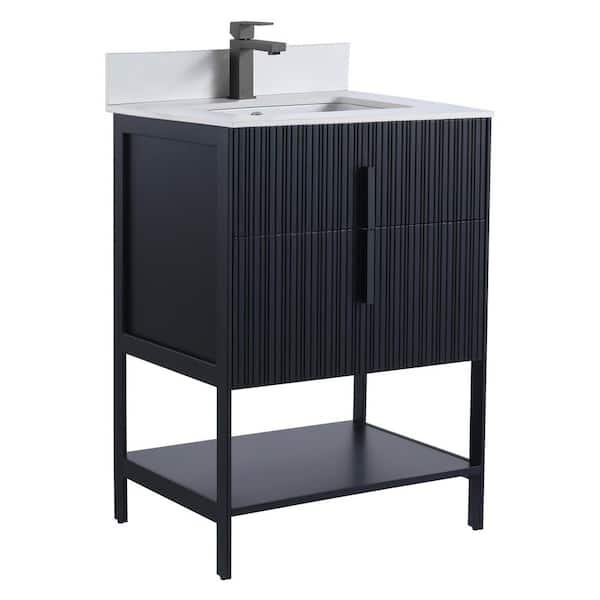 FINE FIXTURES 24 in. W x 18 in. D x 33.5 in. H in Black Matte Bath Vanity with White Sintered Stone Top with Black Hardware