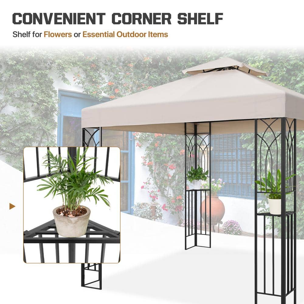 Beige 8x8 Metal Patio Gazebo with Double Roof