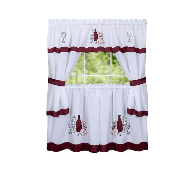 Cabernet Burgundy Polyester Light Filtering Rod Pocket Embellished Cottage Curtain Set 58 in. W x 24 in. L