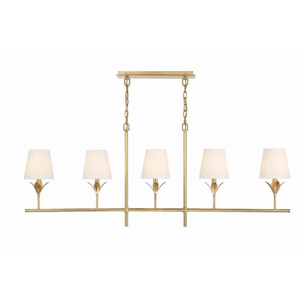 Antique Gold 5-Light Chandelier with White Silk Shades