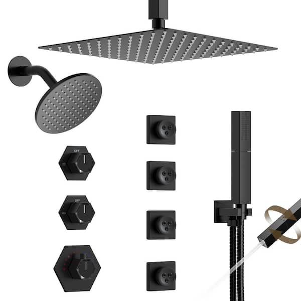 YAWWALK Thermostatic 8-Spray 12 and 6 in. Dual Shower Head Ceiling Mount Fixed and Handheld Shower Head in Matte Black