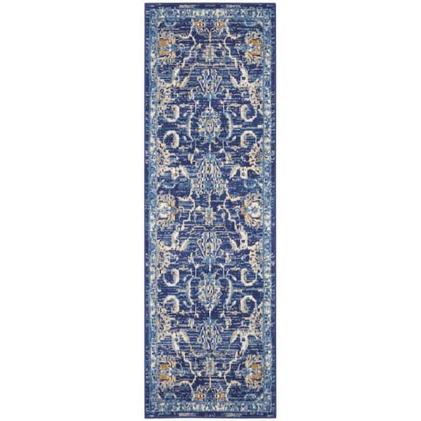 Nourison Grafix Navy 2 ft. x 6 ft. All-over design Transitional Runner Area Rug