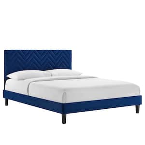 Leah Chevron Tufted Blue Performance Velvet Frame Queen Platform Bed with Tapered Black Wood Legs