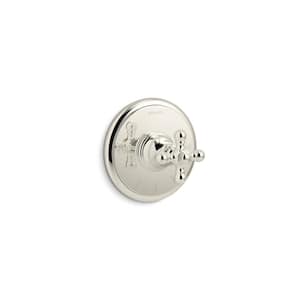 Artifacts MasterShower temperature control valve trim with cross handle in Vibrant Polished Nickel