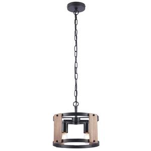 2-Light Brown Pendant Light with Open Drum Shade and Wood Accents
