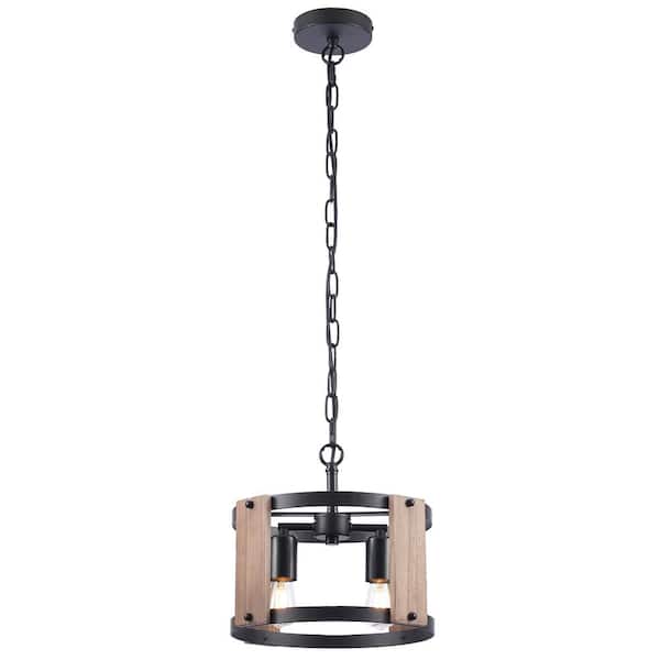 Merra 2-Light Brown Pendant Light with Open Drum Shade and Wood Accents