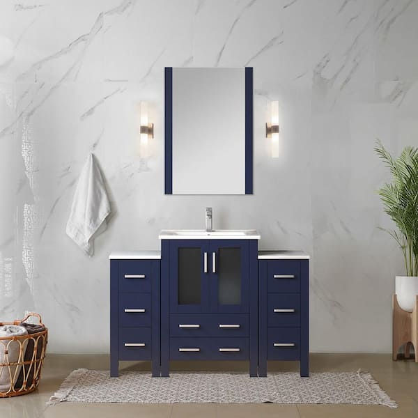 Lexora Volez 48 in. W x 18 in. D x 34 in. H Single Sink Bath Vanity in Navy Blue with White Ceramic Top and Mirror