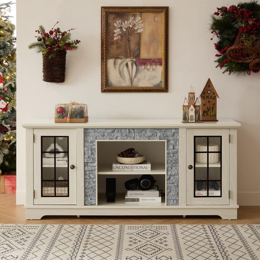 58 in. W x 15 in. D x 26 in. H White Wood Outdoor Storage Cabinet, Large TV Stand with 2-Door Storage for Living Room