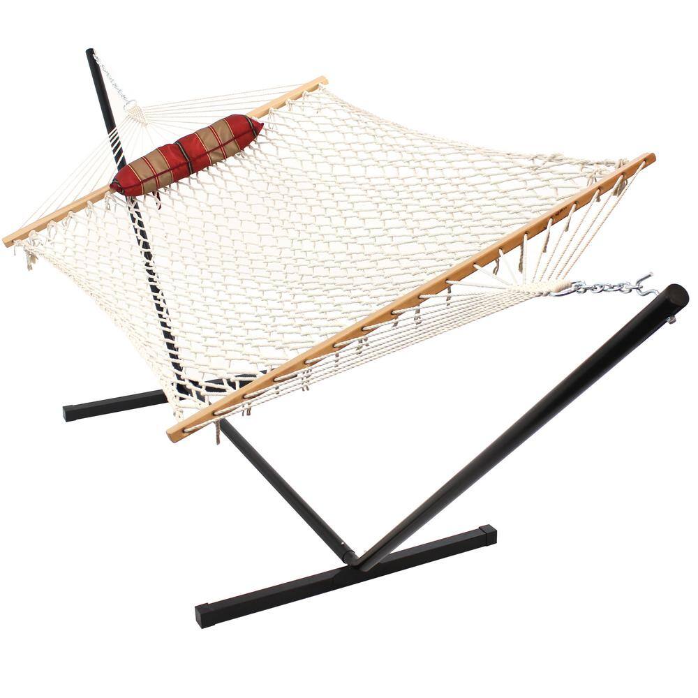 12 ft Red and Brown Striped Rope Hammock with Steel Stand
