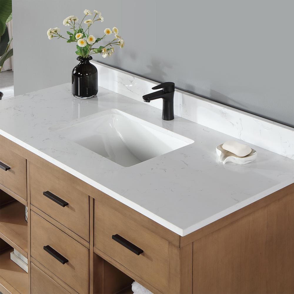 Kesia 48" Brown Pine Single Bathroom Vanity with White Stone Countertop