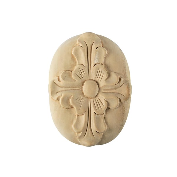 Waddell Oval Rosette Applique - Medium, 3.5 in. x 2.5 in. - Hand Carved Unfinished Maple Wood - DIY Elegant Home Design Accent