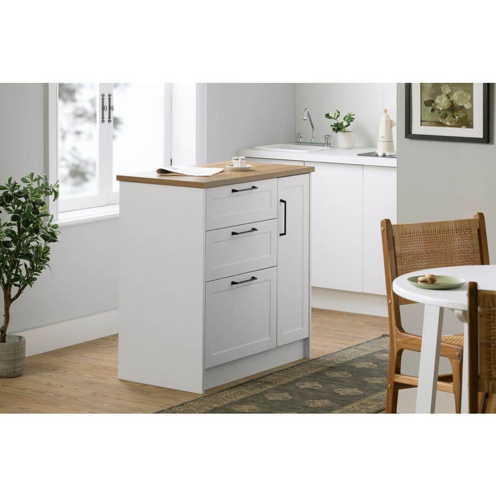 White and Maple Nutmeg Compact Kitchen Island with 3 Drawers