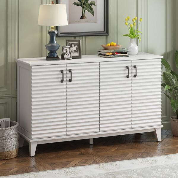 Harper & Bright Designs Retro-style Antique White MDF Top 60 in. Sideboard with 4-Door, Adjustable Shelves and Metal Handles