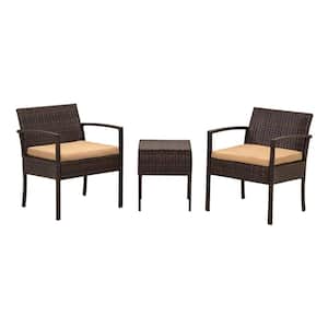 Brown 3-Piece Wicker Patio Conversation Sectional Seating Set with Yellow Cushions