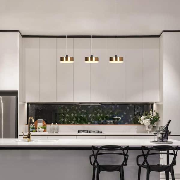 Integrated LED Linear Chandelier, 3-Light Polished Brass Island Pendant Light, Modern Black DIY Dining Room Chandelier