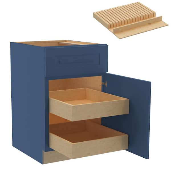 Home Decorators Collection Grayson 21 in. W x 24 in. D x 34.5 in. H Assembled Plywood Base Kitchen Cabinet in Mythic Blue with 2ROT Knife Block RH