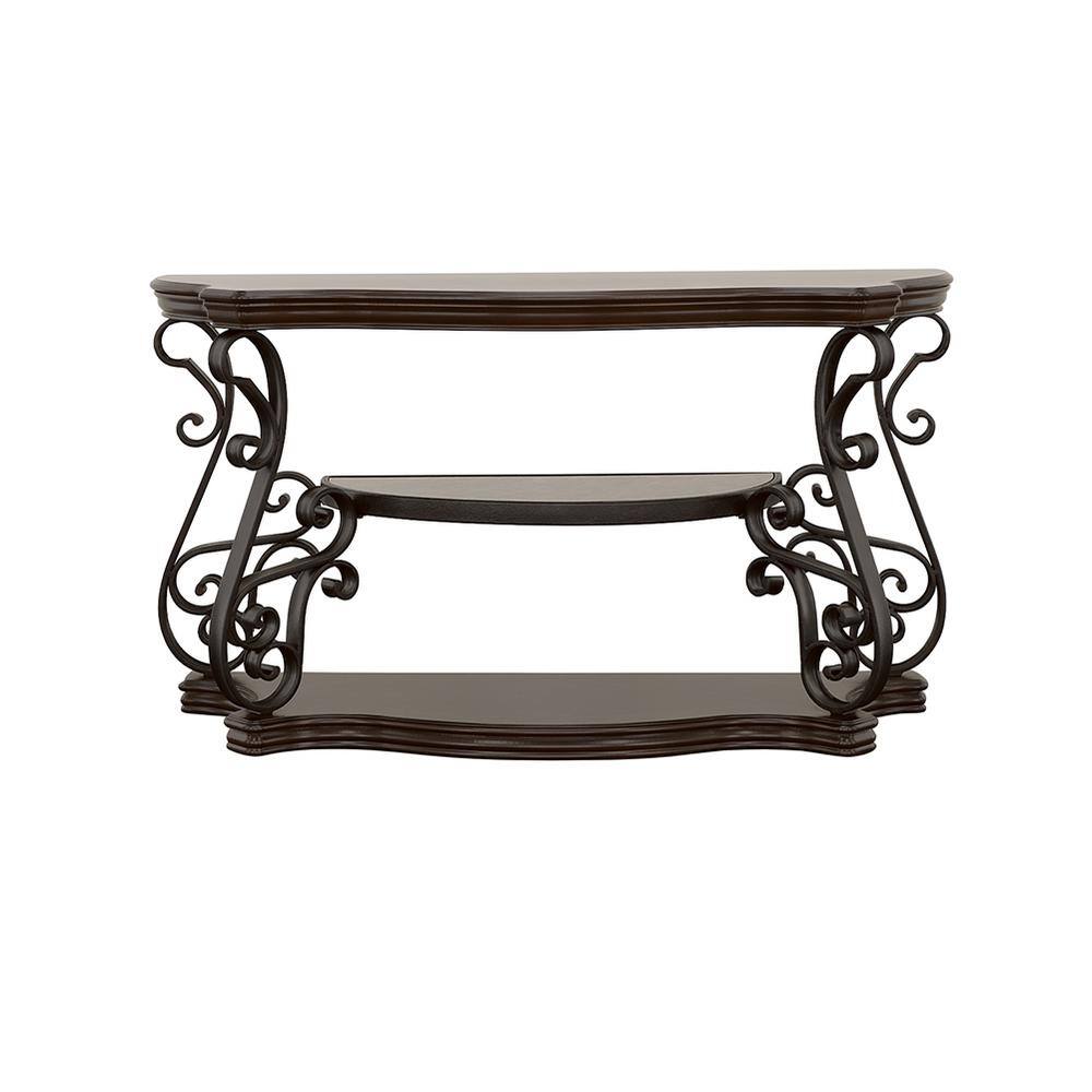 Transitional Black Demilune Sofa Table with Glass Top and Ornate Metal Scrollwork