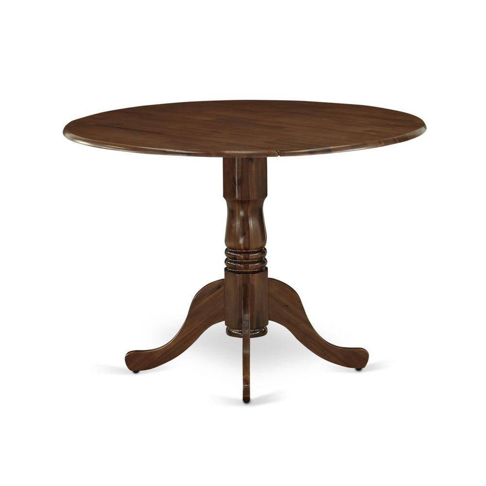 Antique Walnut Round Rubberwood Dining Table with Dropleaf and 2 Navy Blue Faux Leather Chairs