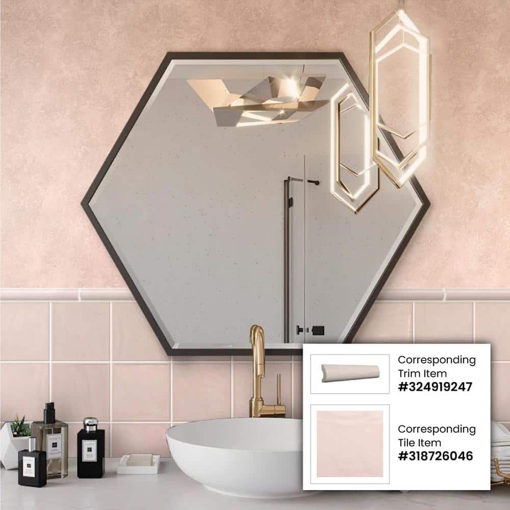 Soft Pink Glossy Ceramic Pencil Bullnose Tile Trim, 8-inch