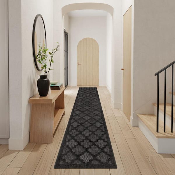 Easy Care Charcoal Black 2 ft. x 16 ft. Trellis Contemporary Runner Area Rug