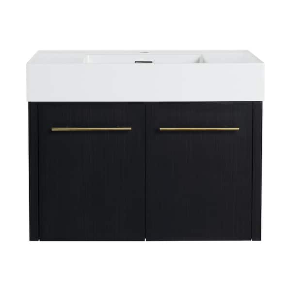 24 in. Wall Mounted Bath Vanity with White Resin Top and Soft Close Doors in Black