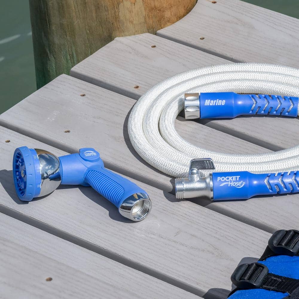 White and Blue Expandable Marine Hose with Spray Nozzle, 25 ft