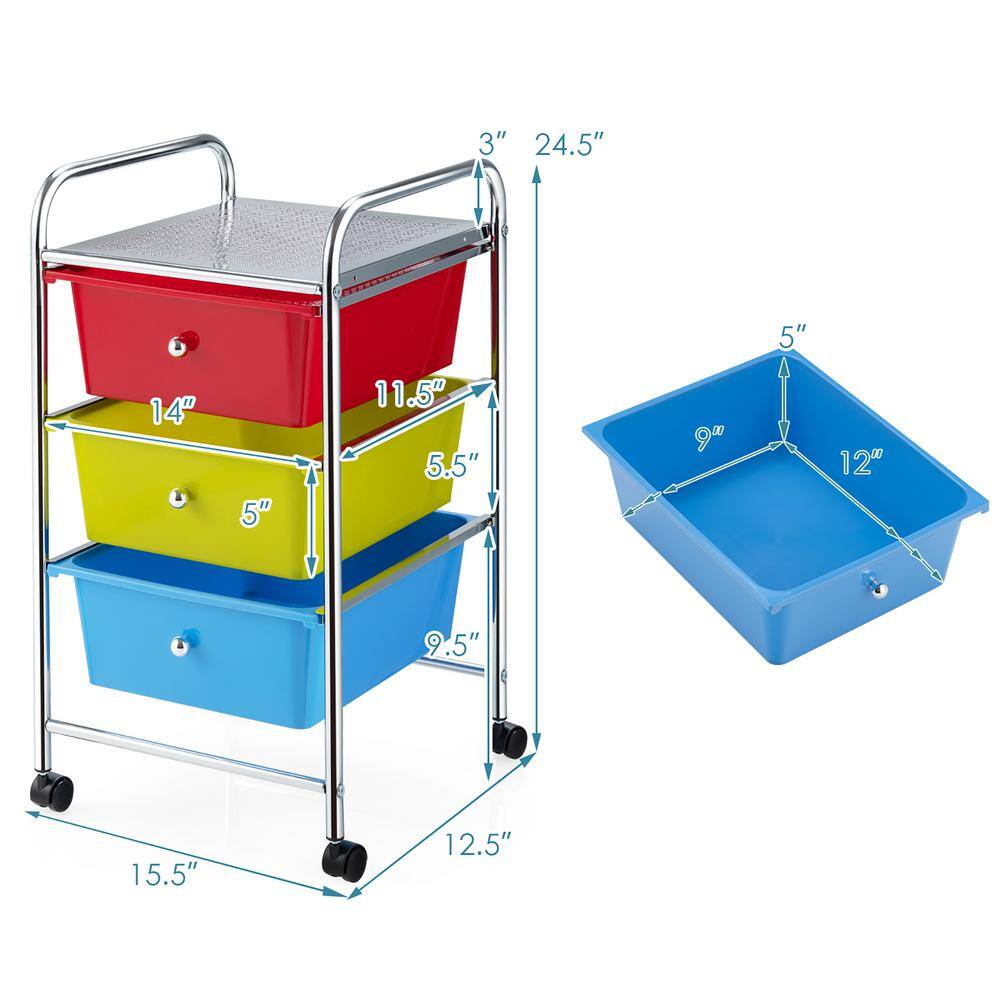 Multicolor 3-Drawer Rolling Storage Cart with Plastic Drawers