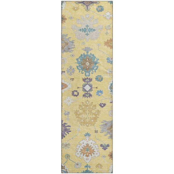 Mayfield Premium Machine Washable Abstract AMF2532 Yellow 2 ft. x 7 ft. Runner Rug