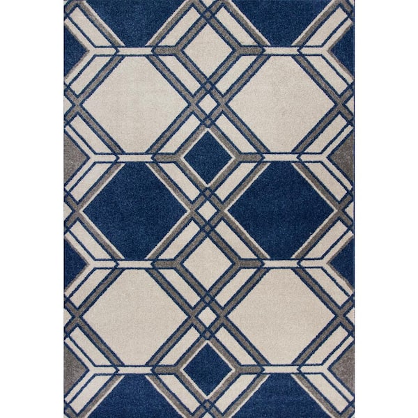 Nova Ivory/Denim 3 ft. x 5 ft. Geometric Mid-Century Outdoor Rug Area Rug