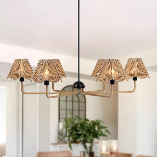39 in. 6-Light Organic Black Chandelier with Abaca Rope Shade for Bohemian Living Room, Dining Room and Kitchen Island