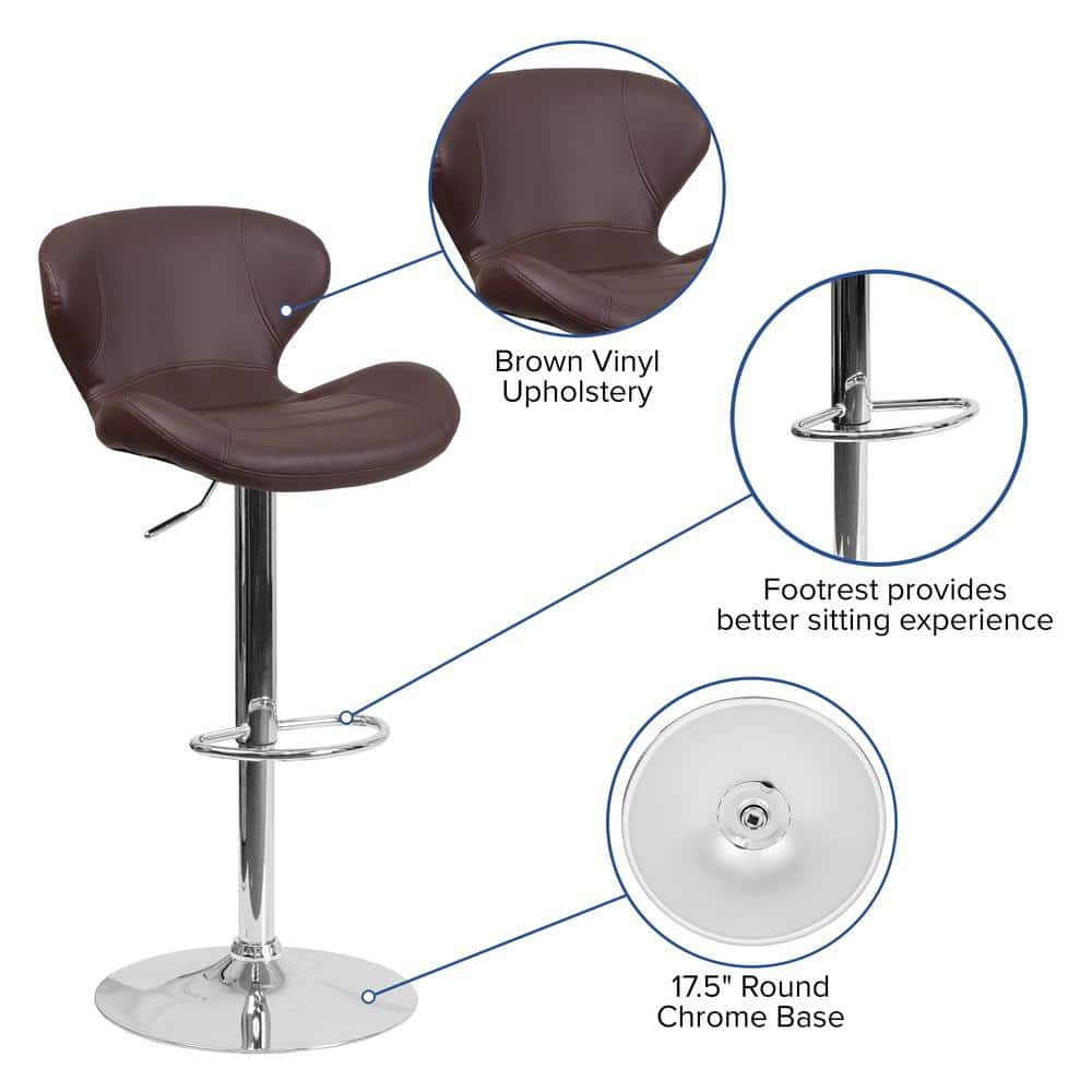 Curvaceous Brown Vinyl Adjustable Swivel Barstool with Chrome Base
