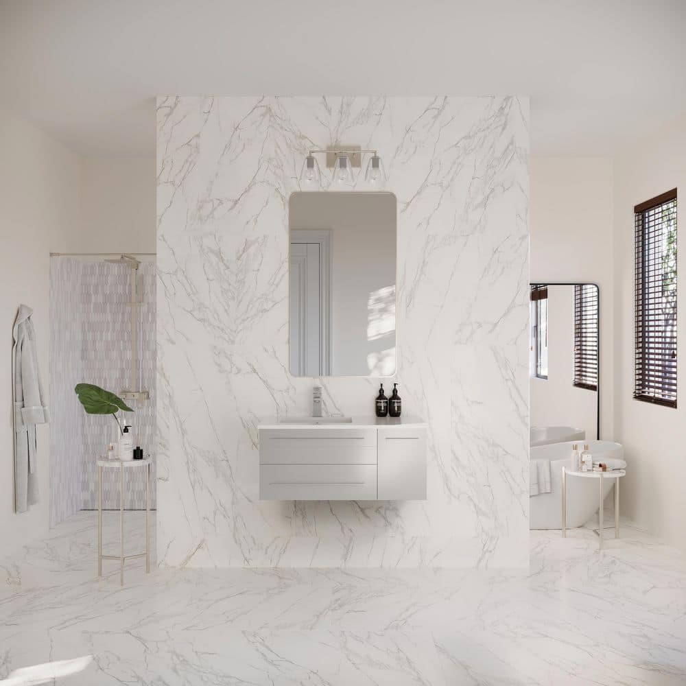 Gray Solid Wood and MDF Wall Mount Vanity with Quartz Stone Top