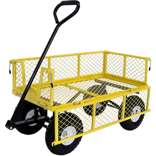 Outdoor Lawn Wagon with Removable Sides Heavy-Duty 400 Pound Capacity Sunnydaze Utility Steel Garden Cart with Liner Yellow 