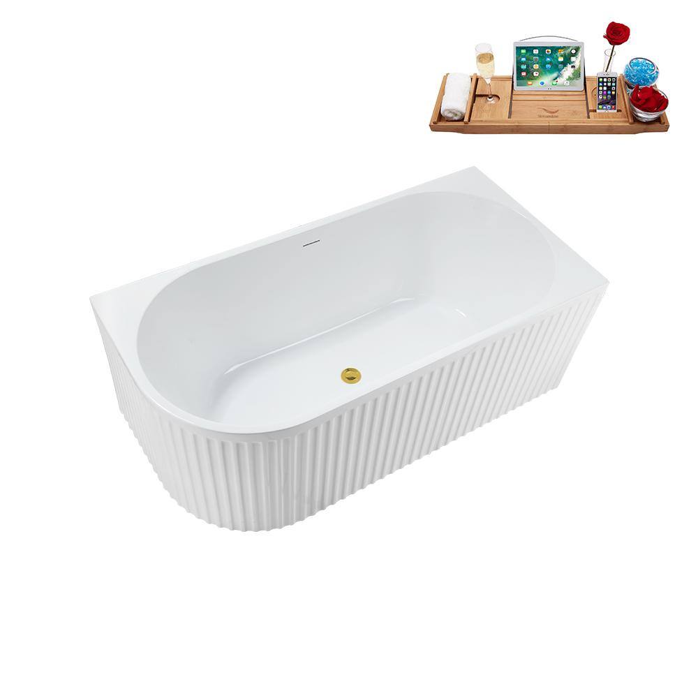59'' Glossy White Acrylic Freestanding Soaking Bathtub with Polished Gold Drain