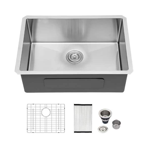 27 in. Undermount Sink Single Bowl 16 Gauge Brushed Stainless Steel Kitchen Sink with Bottom Grid