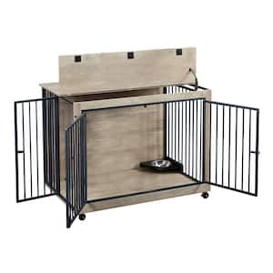 Dog Crate Side Table With Rotatable Feeding Bowl, Wheels, 3-Doors for Small to Mediun Dog