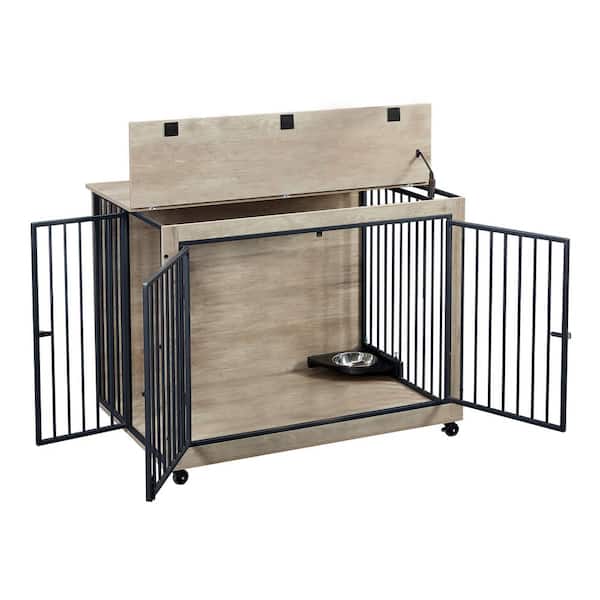 Foobrues Dog Crate Side Table With Rotatable Feeding Bowl, Wheels, 3-Doors for Small to Mediun Dog