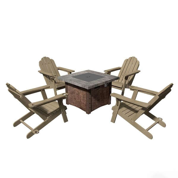 Clihome 5-Piece Outdoor Adirondack HDPE Material Plastic Brown Chair with 34.5 in. Composite Material Patio Fire Pit Table Set