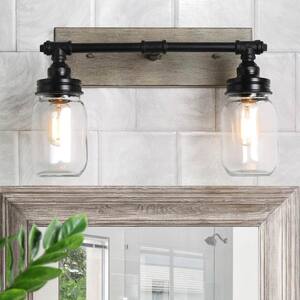 2-Light Modern Farmhouse Black Bath Vanity Light with Faux Wood Accent and Clear Glass Mason Jar Shades Wall Sconce